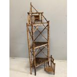A late Victorian lacquered bamboo corner whatnot, width 61cm, depth 34cm, height 164cm together with