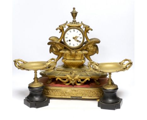 A Victorian gilt painted spelter mantel clock garniture, (dome missing)  clock 43cm high