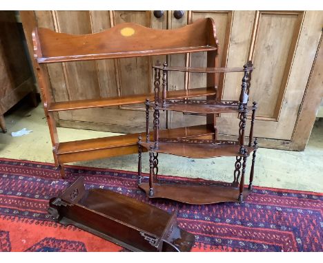 A Victorian mahogany serpentine four tier wall bracket, an Edwardian style inlaid yew wall bracket and a Chinese wall shelf, 