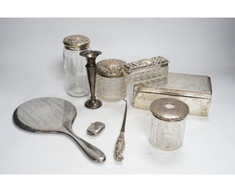 Sundry small silver including a silver mounted cigarette box, four assorted mounted glass toilet jars, a vesta case, button h