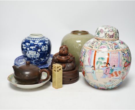 A famille rose Chinese jar and cover, a hardstone seal, together with various mixed Chinese and Japanese items (9) All good.