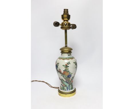 A Samson Chinese style famille verte and ormolu mounted lamp, 48cm high including light fittingThere are chips and repairs to