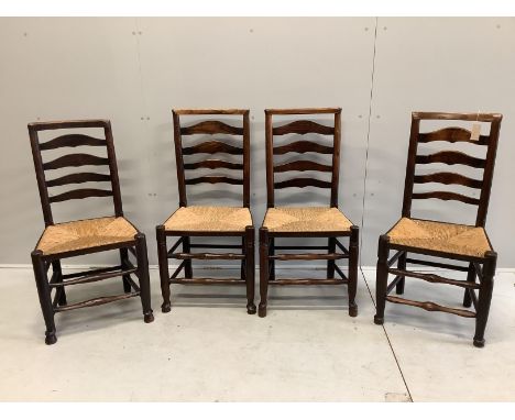 A set of four 18th century rush seat, ladder back dining chairs, width 46cm, depth 38cm, height 95cm