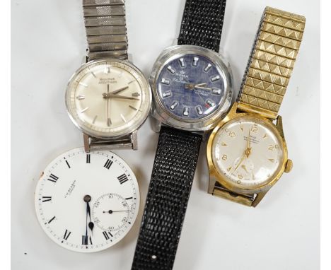 A gentleman's stainless steel Bulova Accutron wrist watch, on associated flexible strap, two other gentleman's wrist watches 