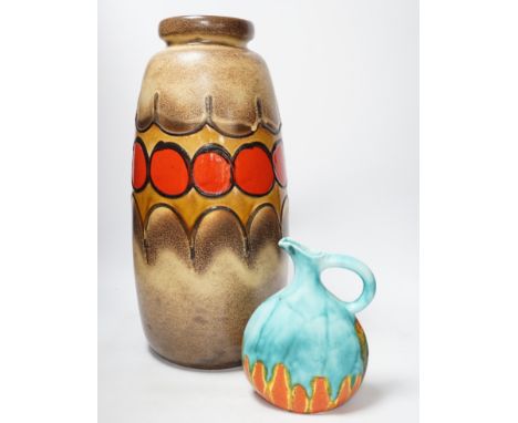 A large 1960’s West German stoneware vase and a Clarice Cliff ‘inspiration’ ewer, largest 48cm high Inspiration tiny graze at