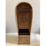 A vintage willow hall porter's chair, width 57cm, depth 49cm, height 158cm