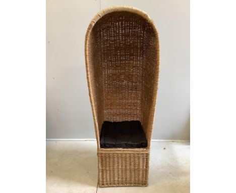 A vintage willow hall porter's chair, width 57cm, depth 49cm, height 158cm