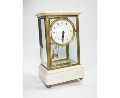 A French lacquered brass and marble, enamelled dial, four glass mantel clock, 30cm high