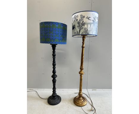 A Victorian style painted standard lamp and shade together with a giltwood standard lamp with shade, larger height 178cm