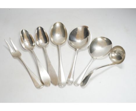 Three Dutch 833 standard white metal serving spoons, a ladle, fork and pair of tablespoons, 16.9oz.
