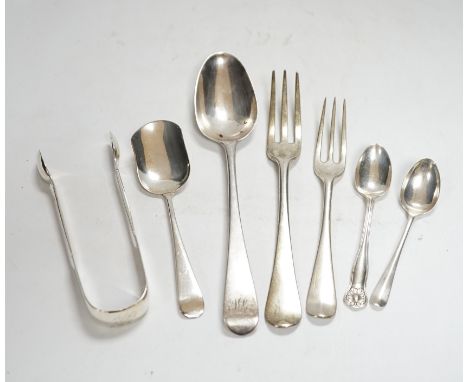 A small quantity of 19th century and later silver flatware, including three pairs of Georgian sugar tongs and nine 19th centu