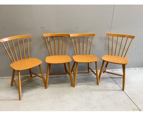 Four Danish painted beech stick back dining chairs