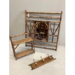 A late Victorian bamboo overmantel mirror, width 86cm, height 99cm together with a hanging coat rack