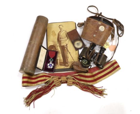 A late 19th century military sash with a related photograph showing the full uniform, a pair of Carl Zeiss binoculars, two co