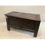A 17th century oak coffer carved with initials A and C, width 110cm, depth 51cm, height 63cm