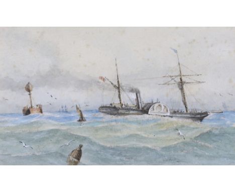 Mid 19th century, British Maritime interest, watercolour, Brigantine-rigged paddle steamship passing a light-vessel, monogram