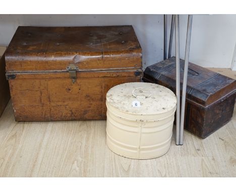 A large painted tin trunk, a smaller trunk and a cream hat tin, largest 70cm wide