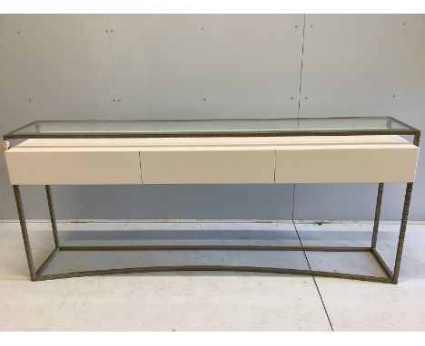 A Decorus console table with three drawers, width 200cm, depth 40cm, height 84cm