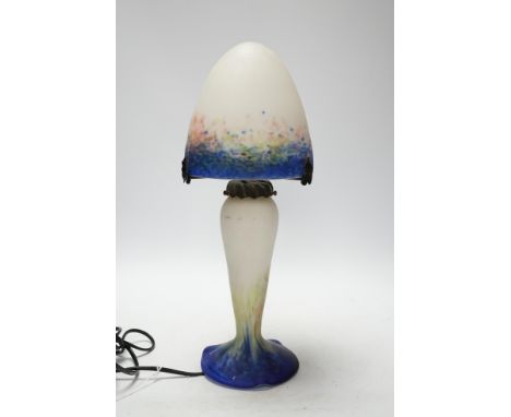 A Le Verre Francais glass mushroom table lamp, signed to the base, 39cm high Stem with a 25mm rub to broadest point of should