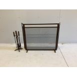 A spark guard, minimum width 90cm, depth 18cm, height 80cm and fire irons in antique distressed