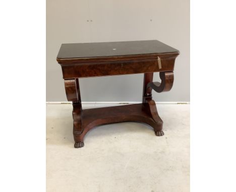 A 19th century French mahogany marble top console table with fitted writing drawer, width 81cm, depth 42cm, height 74cm