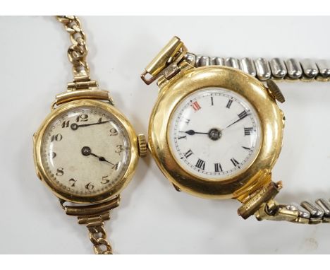 A lady's early to mid 20th century 18ct gold manual wind wrist watch on a 9ct bracelet, together with one other similar 18ct 