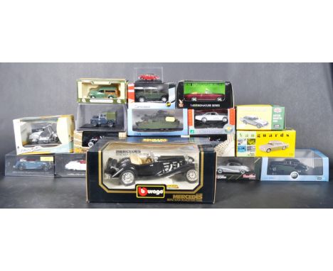 A collection of assorted boxed diecast model cars of various scales and makers. Examples to include; Bburago Mercedes Benz 50