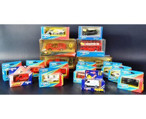 A collection of x17 vintage Corgi made diecast model cars and buses to include; James Bond Aston Martin, Ferrari 308 / GTS, L