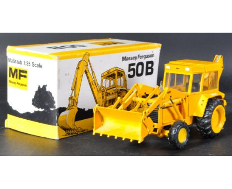 An original vintage West German 1/35 scale Conrad Model No. 2951 Massey Ferguson 50B Backhoe Loader. Detailed model with arti