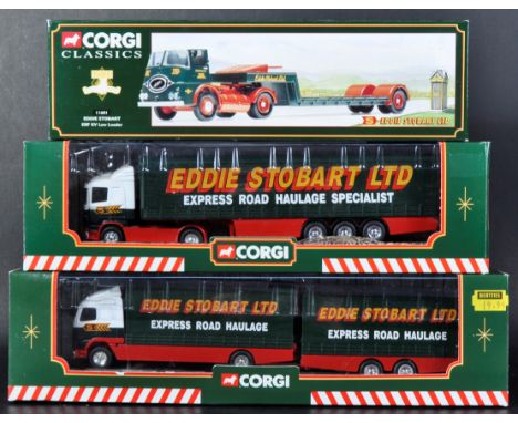 A collection of x3 assorted Corgi made Eddie Stobart diecast model trucks and lorries comprising; 11601 ERF KV Low Loader, 59
