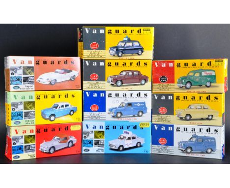 A collection of x10 assorted 1/43 scale Lledo made Vanguards diecast model cars to include; VA04702 Triumph TR3A Silverstone 