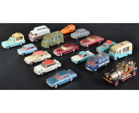 A collection of x16 vintage Corgi Toys diecast model cars and other vehicles to include; Walls Ice Cream Van on Ford Thames, 