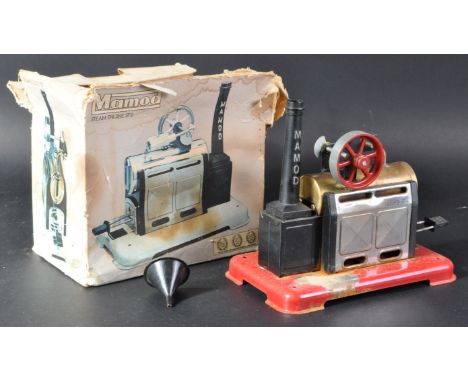 An original vintage Mamod made live steam stationary model ' Steam Engine SP2 '. A solid fuel example mounted to a red base w