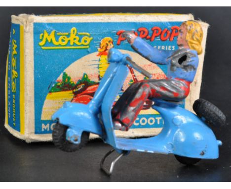 An original vintage Moko made ' Pop-Pop Series ' diecast model Motor Scooter. Blue bodywork with black rubber wheels, stand a