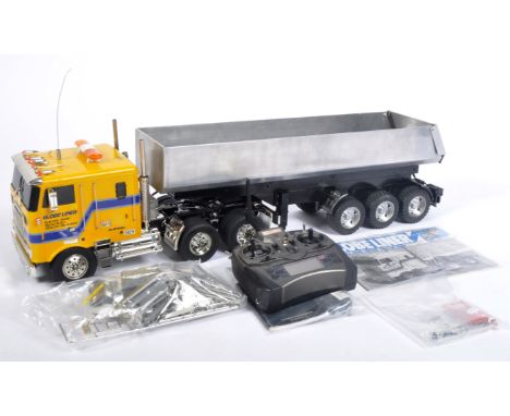 A highly detailed Tamiya 1/14 scale RC Radio Control scratch built model kit No. 56304 Globe Liner Tractor Truck. The truck w