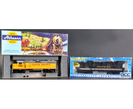Two vintage Bachmann and Athearn made HO gauge model railway diesel trainset locomotive engines comprising; Bachmann No. 6040
