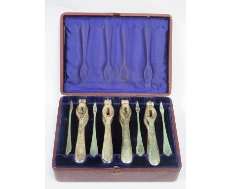 CASED SET OF FOUR SILVER PLATED NUT CRACKER AND PICK SET 