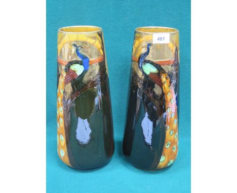 PAIR OF ART NOUVEAU STYLE HANDPAINTED & GILDED GLAZED CERAMIC VASES DECORATED WITH PEACOCKS