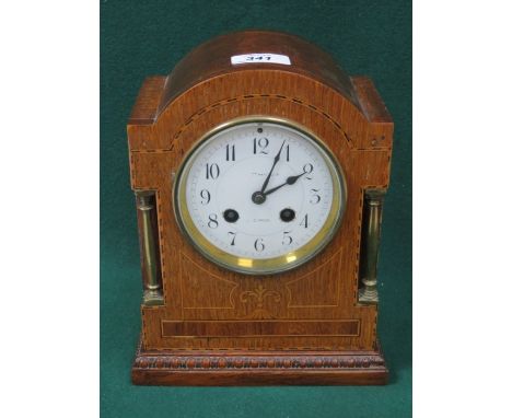 OAK CASED EDWARDIAN INLAID MANTEL CLOCK WITH ENAMELLED DIAL 