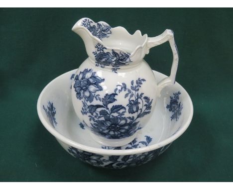 VICTORIAN FLORAL DECORATED BLUE AND WHITE CERAMIC JUG AND BOWL SET 