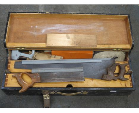 WOODEN CASE CONTAINING VARIOUS TOOLS AND ACCESSORIES