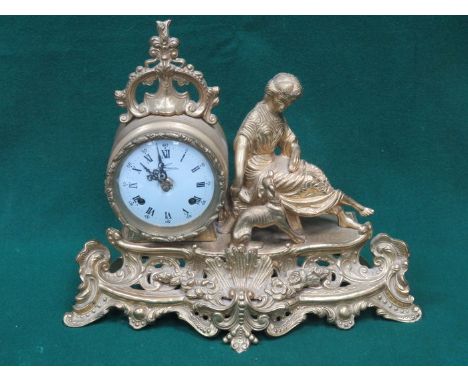 ITALIAN GILT METAL FIGURE FORM MANTLE CLOCK WITH ENAMELLED DIAL. APPROX 31cm HIGH