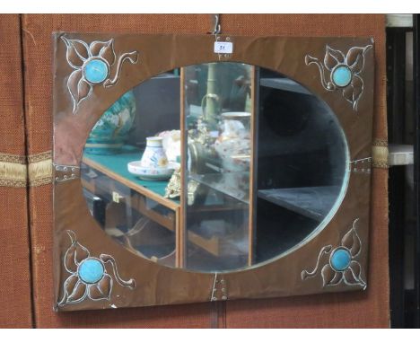 ART NOUVEAU STYLE COPPER OVAL WALL MIRROR WITH RUSKIN STYLE CERAMIC PANELS 