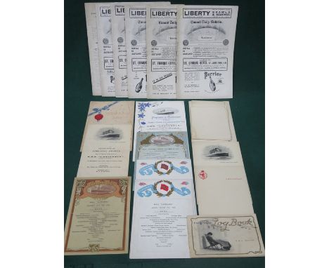PARCEL OF CUNARD RMS LUSITANIA MEMORABILIA INCLUDING SIX CUNARD DAILY BULLETINS, FOUR MENUS, LOG BOOK, PROGRAMMES OF ENTERTAI