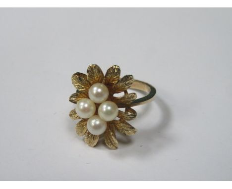 9ct GOLD DRESS RING SET WITH PEARL TYPE STONES 