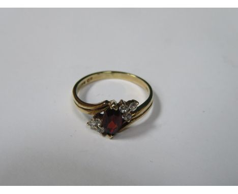 9ct GOLD DRESS RING SET WITH OVAL RUBY COLOURED STONES AND CLEAR STONES  