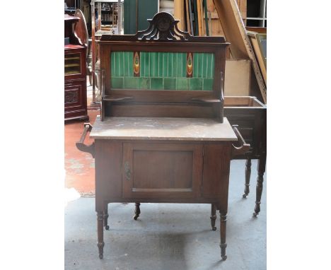 ART NOUVEAU MAHOGANY MARBLE TOP, TILE BACKED WASHSTAND 