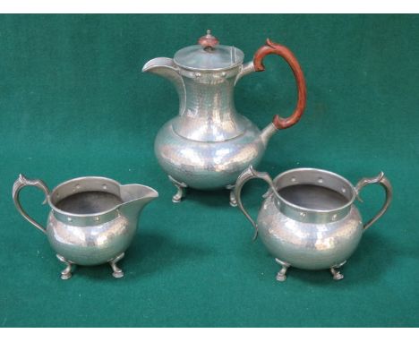 ART NOUVEAU STYLE HAMMERED PEWTER THREE PIECE TEA SET 