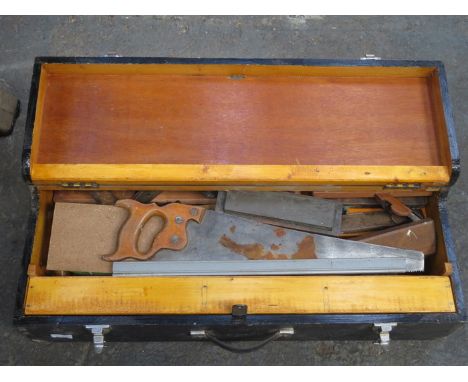 WOODEN CASE CONTAINING VARIOUS TOOLS AND ACCESSORIES
