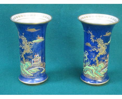 PAIR OF CARLTONWARE HANDPAINTED AND GILDED CERAMIC VASES WITH ORIENTAL SCENES, APPROXIMATELY 15cm HIGH 